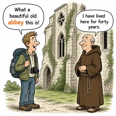 abbey (manastır, büyük kilise) karikatürü — diyalogla bağlam içinde öğren