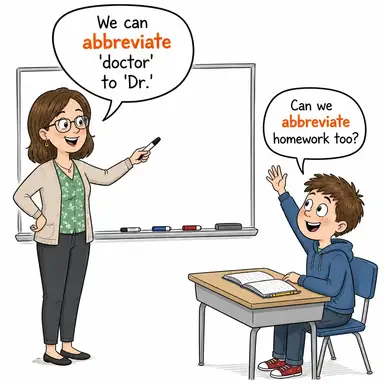 abbreviate (kısaltmak (kelime/metin), özetlemek) karikatürü — diyalogla bağlam içinde öğren