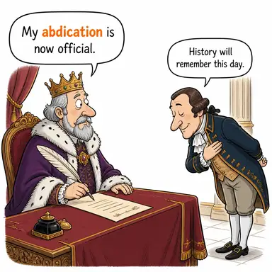 abdication (tahttan çekilme, feragat, istifa) karikatürü — diyalogla bağlam içinde öğren