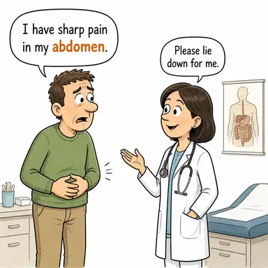 abdomen (karın, karın boşluğu (tıbbi)) karikatürü — diyalogla bağlam içinde öğren