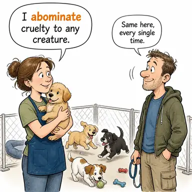 abominate (nefret etmek, tiksinmek) karikatürü — diyalogla bağlam içinde öğren
