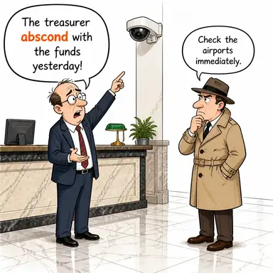 abscond (firar etmek, (suç işleyip/parayla) gizlice kaçmak) karikatürü — diyalogla bağlam içinde öğren