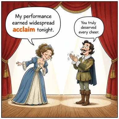acclaim (övmek, alkışlamak; övgü, beğeni) karikatürü — diyalogla bağlam içinde öğren
