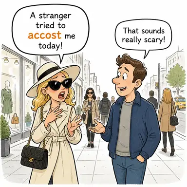 accost (yanına sokulmak, yolunu kesmek, (sözle/kabaca) sataşmak) karikatürü — diyalogla bağlam içinde öğren