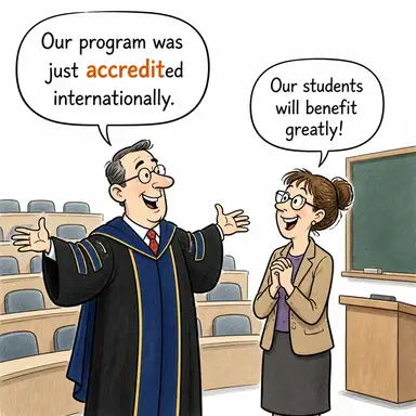 accredit (yetkilendirmek, akredite etmek, (resmen) tanımak) karikatürü — diyalogla bağlam içinde öğren