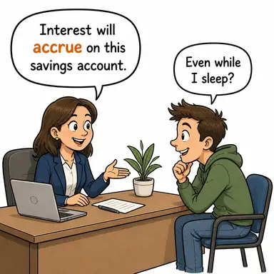 accrue (birikmek, (faiz vb.) tahakkuk etmek, çoğalmak) karikatürü — diyalogla bağlam içinde öğren