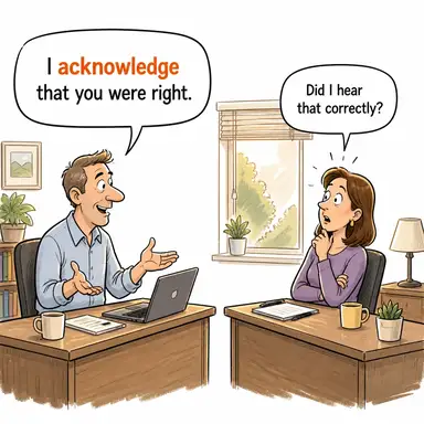 acknowledge (kabul etmek (doğruluğunu), tanımak, (alındığını) bildirmek) karikatürü — diyalogla bağlam içinde öğren
