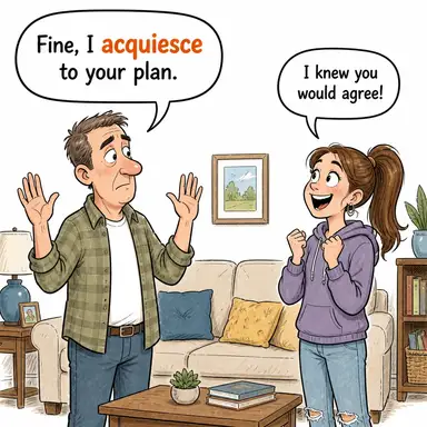 acquiesce ((isteksizce/sessizce) kabul etmek, boyun eğmek, razı olmak) karikatürü — diyalogla bağlam içinde öğren