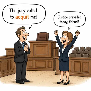 acquit (beraat ettirmek, aklamak) karikatürü — diyalogla bağlam içinde öğren