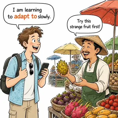 adapt to (uyum sağlamak, adapte olmak) karikatürü — diyalogla bağlam içinde öğren
