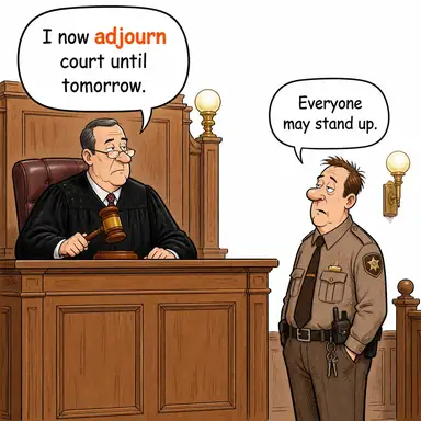 adjourn ((toplantıya/oturuma) ara vermek, ertelemek) karikatürü — diyalogla bağlam içinde öğren