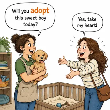 adopt (benimsemek (fikir/yöntem), evlat edinmek, kabul etmek) karikatürü — diyalogla bağlam içinde öğren