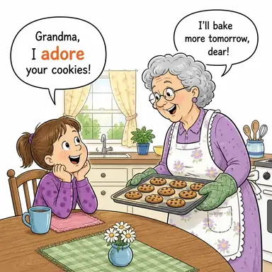 adore (çok sevmek, tapmak, hayran olmak) karikatürü — diyalogla bağlam içinde öğren