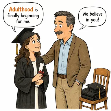 adulthood (yetişkinlik, erginlik çağı) karikatürü — diyalogla bağlam içinde öğren