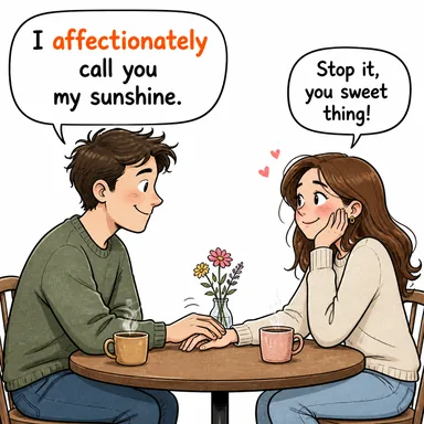 affectionately (şefkatle, sevgiyle) karikatürü — diyalogla bağlam içinde öğren