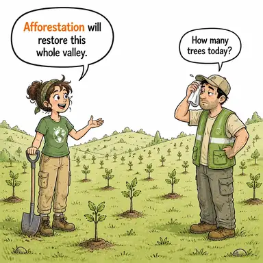 afforestation (ağaçlandırma, ormanlaştırma) karikatürü — diyalogla bağlam içinde öğren