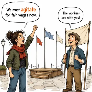 agitate (kışkırtmak, tahrik etmek; çalkalamak (sıvı)) karikatürü — diyalogla bağlam içinde öğren