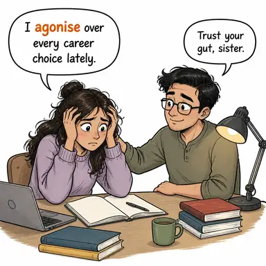 agonise (kafa patlatmak, çok düşünmek, kıvranmak (acı/kararsızlık)) karikatürü — diyalogla bağlam içinde öğren
