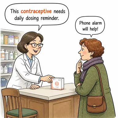 contraceptive (gebelik önleyici, doğum kontrol ilacı) karikatürü — diyalogla bağlam içinde öğren