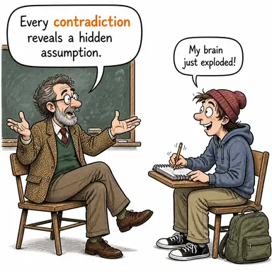 contradiction (çelişki, tutarsızlık) karikatürü — diyalogla bağlam içinde öğren