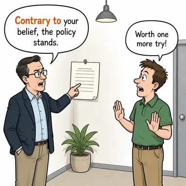 contrary to (-in aksine, -in tersine) karikatürü — diyalogla bağlam içinde öğren