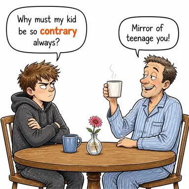 contrary (zıt, ters, karşıt) karikatürü — diyalogla bağlam içinde öğren