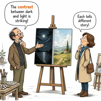 contrast (karşılaştırmak (farkları), zıtlık (n)) karikatürü — diyalogla bağlam içinde öğren