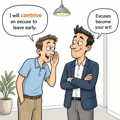 contrive (tasarlamak, kurmak, (zorlukla) becermek) karikatürü — diyalogla bağlam içinde öğren