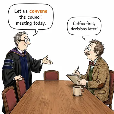 convene (toplamak (kurul vb.), toplanmak, bir araya gelmek) karikatürü — diyalogla bağlam içinde öğren