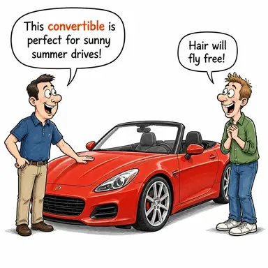 convertible (dönüştürülebilir, üstü açılır araba) karikatürü — diyalogla bağlam içinde öğren