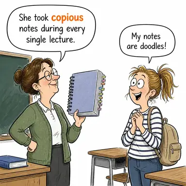copious (bol, bereketli, çok miktarda) karikatürü — diyalogla bağlam içinde öğren