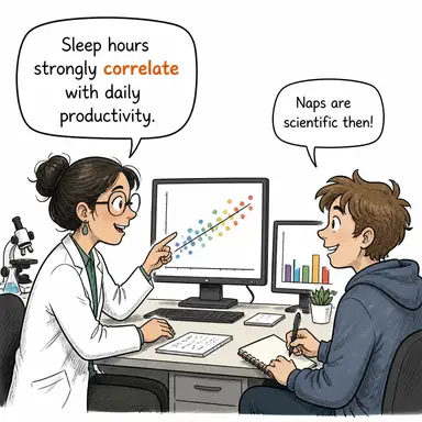 correlate (ilişkilendirmek, ilişki kurmak, korelasyon göstermek) karikatürü — diyalogla bağlam içinde öğren