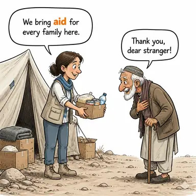 aid (yardım etmek, desteklemek; yardım, destek) karikatürü — diyalogla bağlam içinde öğren