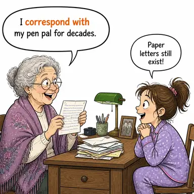 correspond with (1. ile haberleşmek/yazışmak 2. ile uyumlu olmak) karikatürü — diyalogla bağlam içinde öğren