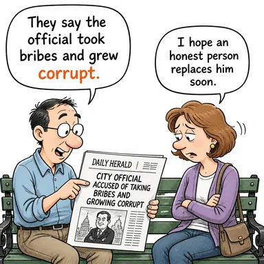 corrupt (yozlaşmış, ahlaksız, rüşvetçi (adj); yozlaştırmak (v)) karikatürü — diyalogla bağlam içinde öğren