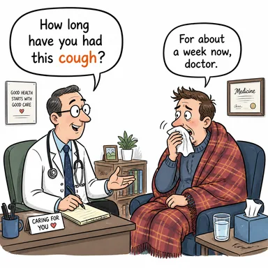cough (öksürmek (v); öksürük (n)) karikatürü — diyalogla bağlam içinde öğren