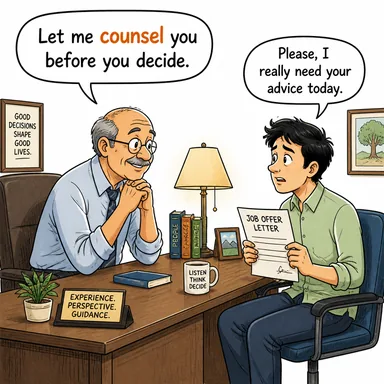 counsel (tavsiye vermek, danışmanlık yapmak (v); avukat, danışman (n)) karikatürü — diyalogla bağlam içinde öğren