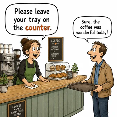 counter (1. tezgah, gişe 2. karşı koymak (verb)) karikatürü — diyalogla bağlam içinde öğren