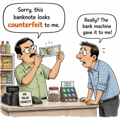 counterfeit (sahte (para/belge), taklit) karikatürü — diyalogla bağlam içinde öğren