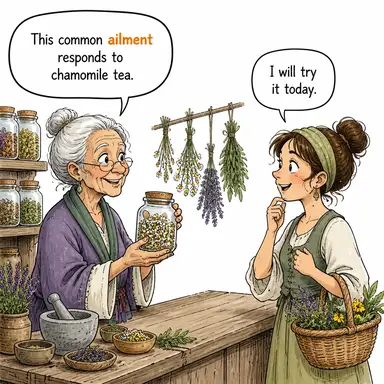 ailment (hastalık, rahatsızlık (genellikle hafif veya kronik)) karikatürü — diyalogla bağlam içinde öğren
