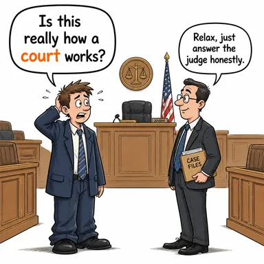 court (1. mahkeme (n) 2. kur yapmak, (tehlikeye) davetiye çıkarmak (v)) karikatürü — diyalogla bağlam içinde öğren