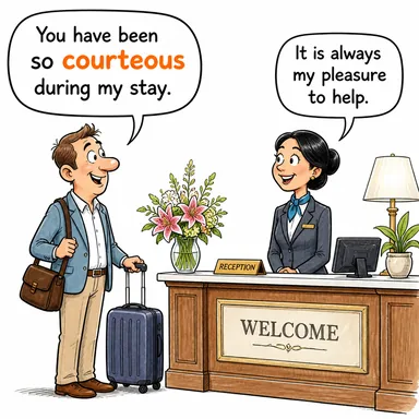 courteous (kibar, nazik, saygılı) karikatürü — diyalogla bağlam içinde öğren