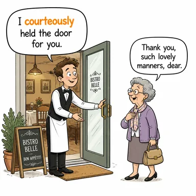 courteously (nazikçe, kibarca) karikatürü — diyalogla bağlam içinde öğren