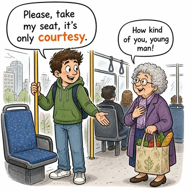 courtesy (nezaket, kibarlık, lütuf) karikatürü — diyalogla bağlam içinde öğren