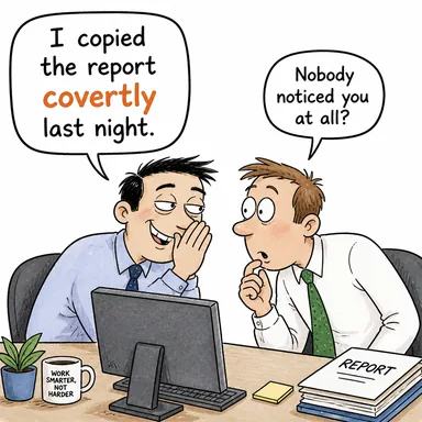 covertly (gizlice, el altından) karikatürü — diyalogla bağlam içinde öğren