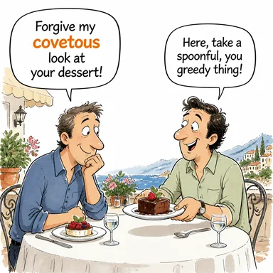 covetous (açgözlü, haris, başkasının malında gözü olan) karikatürü — diyalogla bağlam içinde öğren