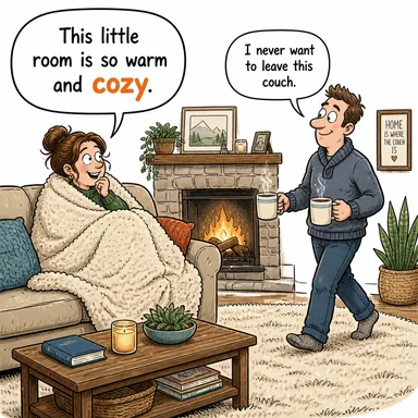 cozy (rahat, sıcak, samimi (yer)) karikatürü — diyalogla bağlam içinde öğren
