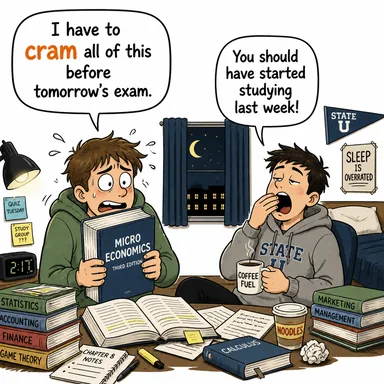 cram (tıkıştırmak, (sınav için) ineklemek/ezberlemek) karikatürü — diyalogla bağlam içinde öğren