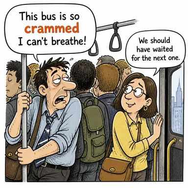 crammed (tıklım tıklım, dolu, sıkışık) karikatürü — diyalogla bağlam içinde öğren