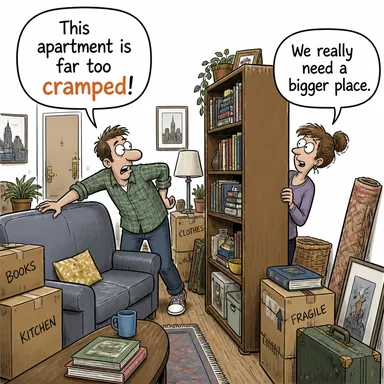 cramped (dar, sıkışık (mekan)) karikatürü — diyalogla bağlam içinde öğren